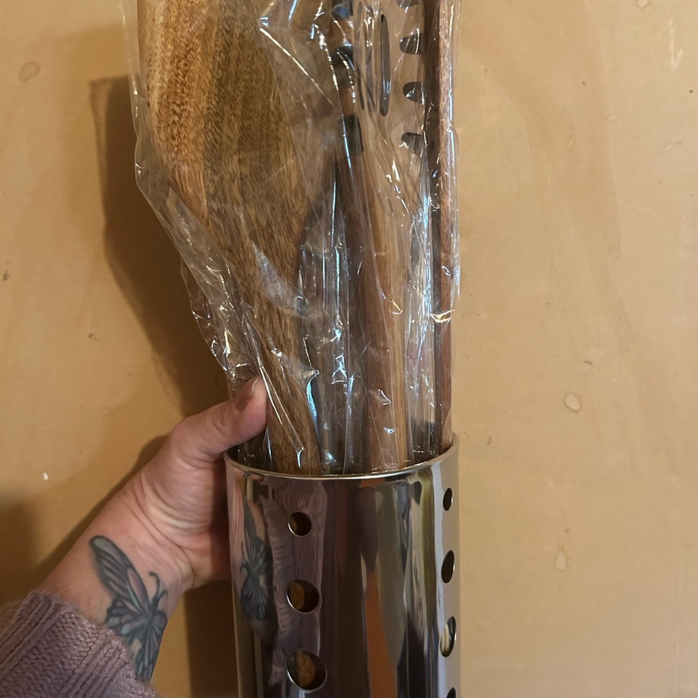 Stainless Steel Utensil Holder with Natural Wood Kitchen Tools - Brown